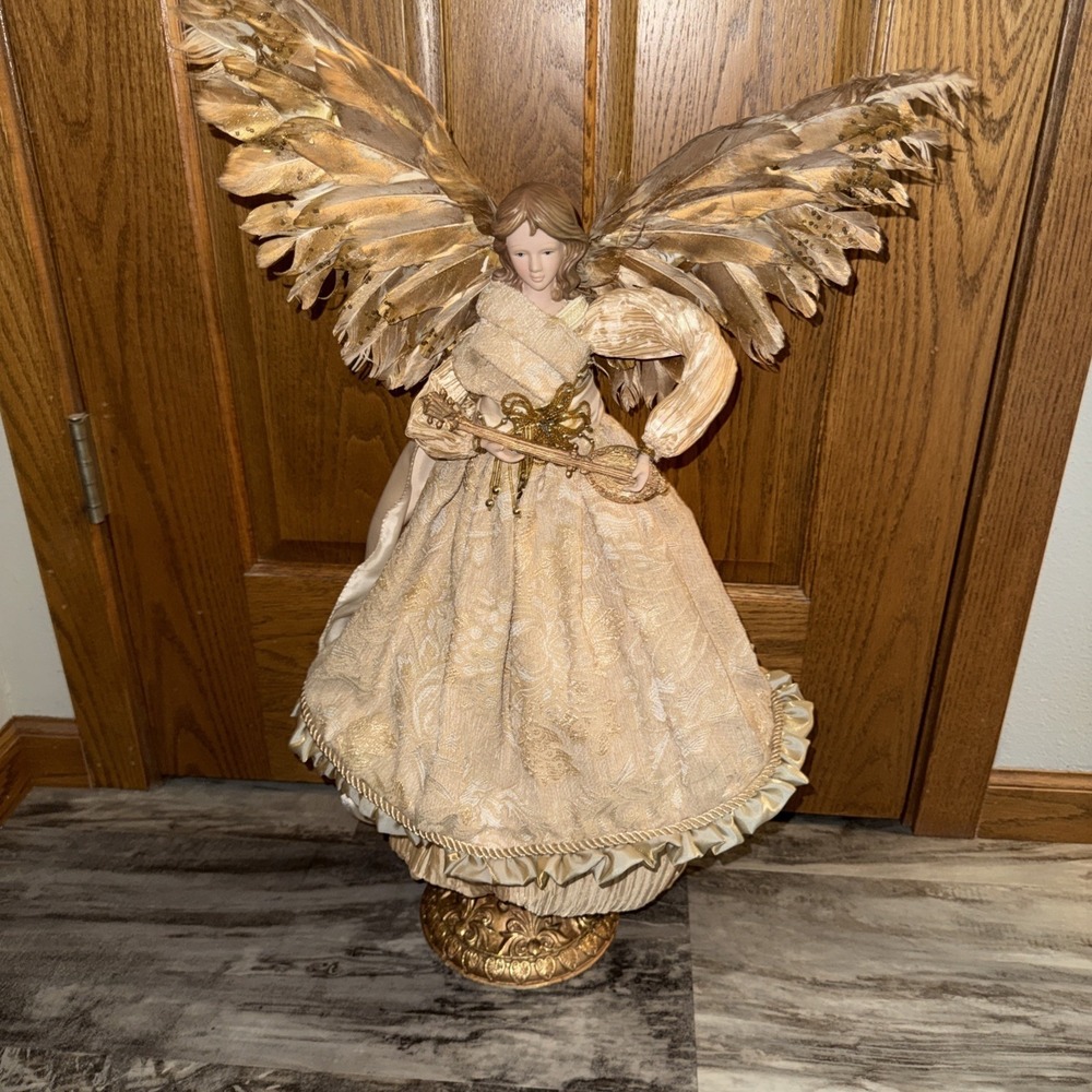 Vintage Victorian Christmas Angel Gold Accents Feather Wings Statue 28 In Figure